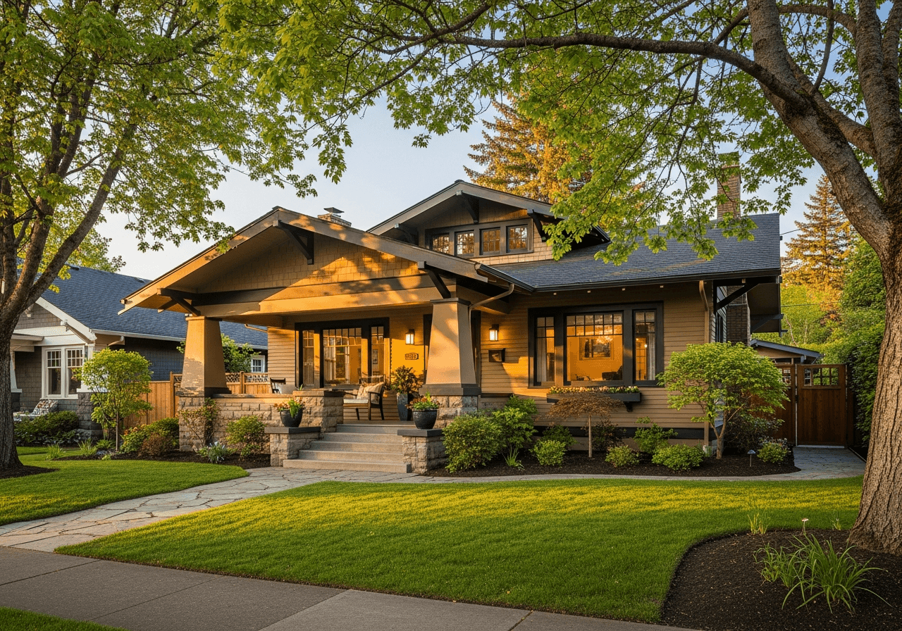 Beautiful craftsman home in Portland Oregon at golden hour