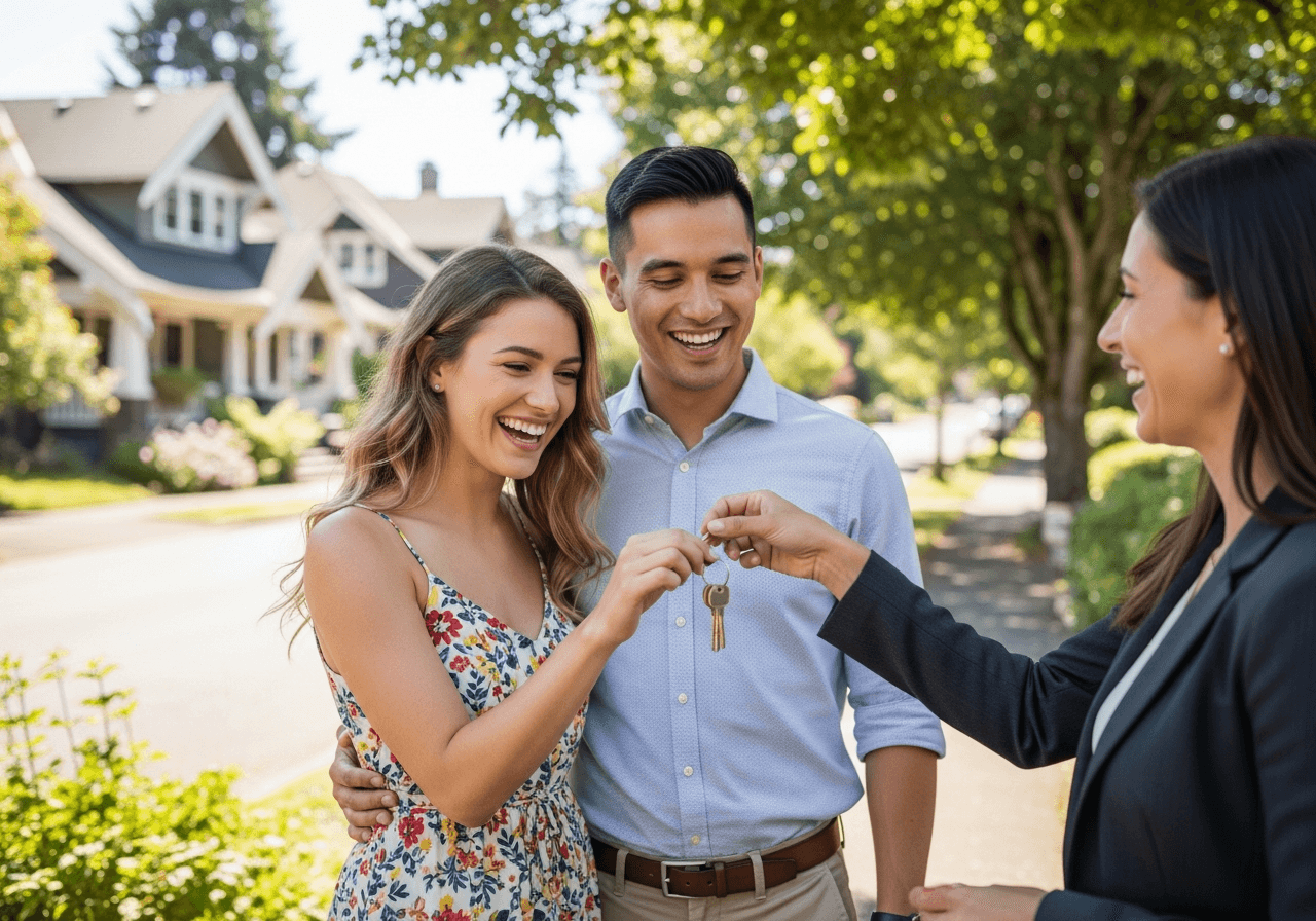 Couple receiving house keys in a Portland neighborhood